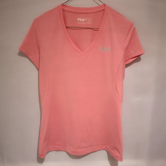 2/$20.00 Mix & Match - Fila Ladies V-neck Short Sleeves Fitted Pink Workout Top - Picture 1 of 6